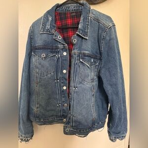 Blank NYC Reversible American Pie Jean Jacket size L Plaid Denim Distressed